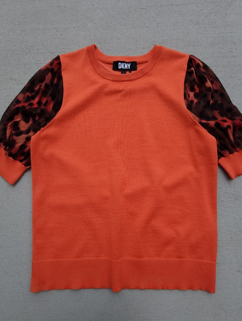 DKNY Orange Knit Sweater Top Blouse with Leopard Print Puff Sleeves Size Small